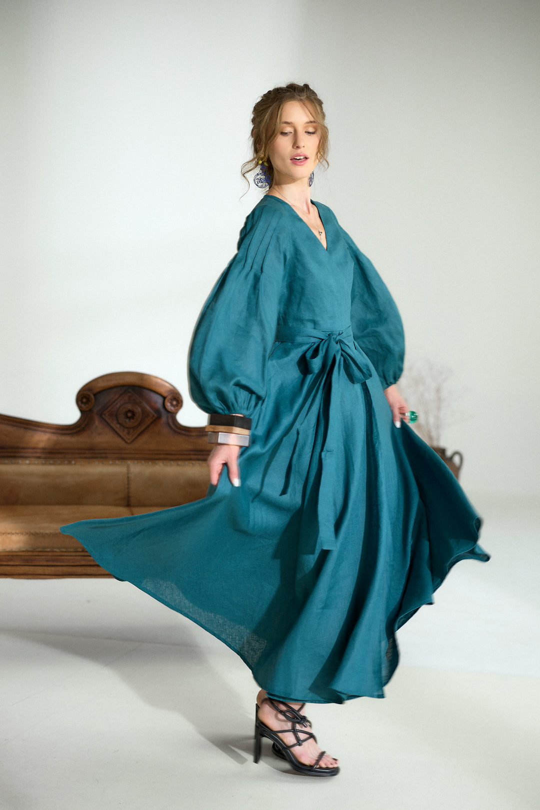 Pure Linen Wrap Maxi Dress in Petroleum Blue
