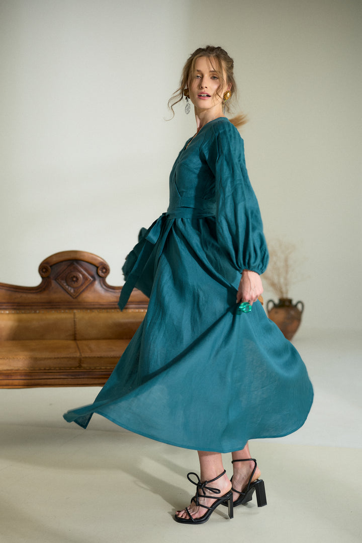 Pure Linen Wrap Maxi Dress in Petroleum Blue