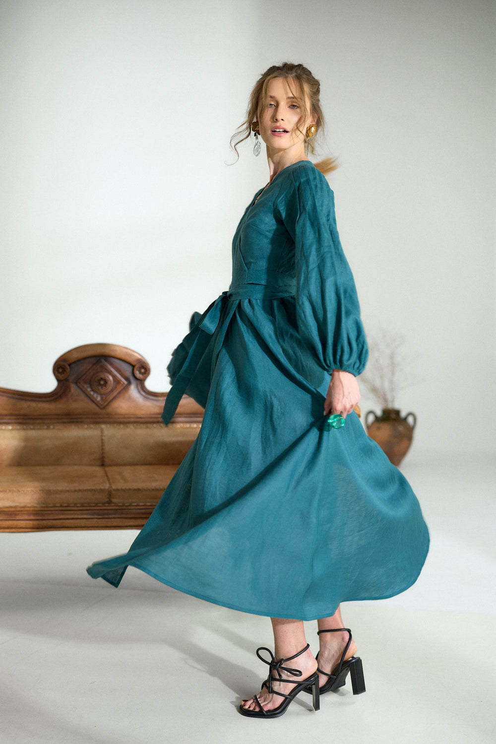 Pure Linen Wrap Maxi Dress in Petroleum Blue