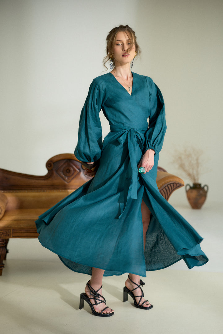 Pure Linen Wrap Maxi Dress in Petroleum Blue