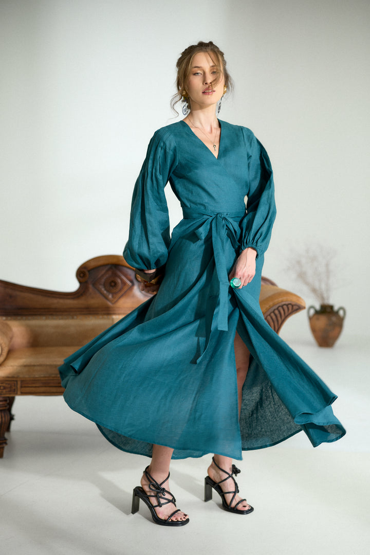 Pure Linen Wrap Maxi Dress in Petroleum Blue