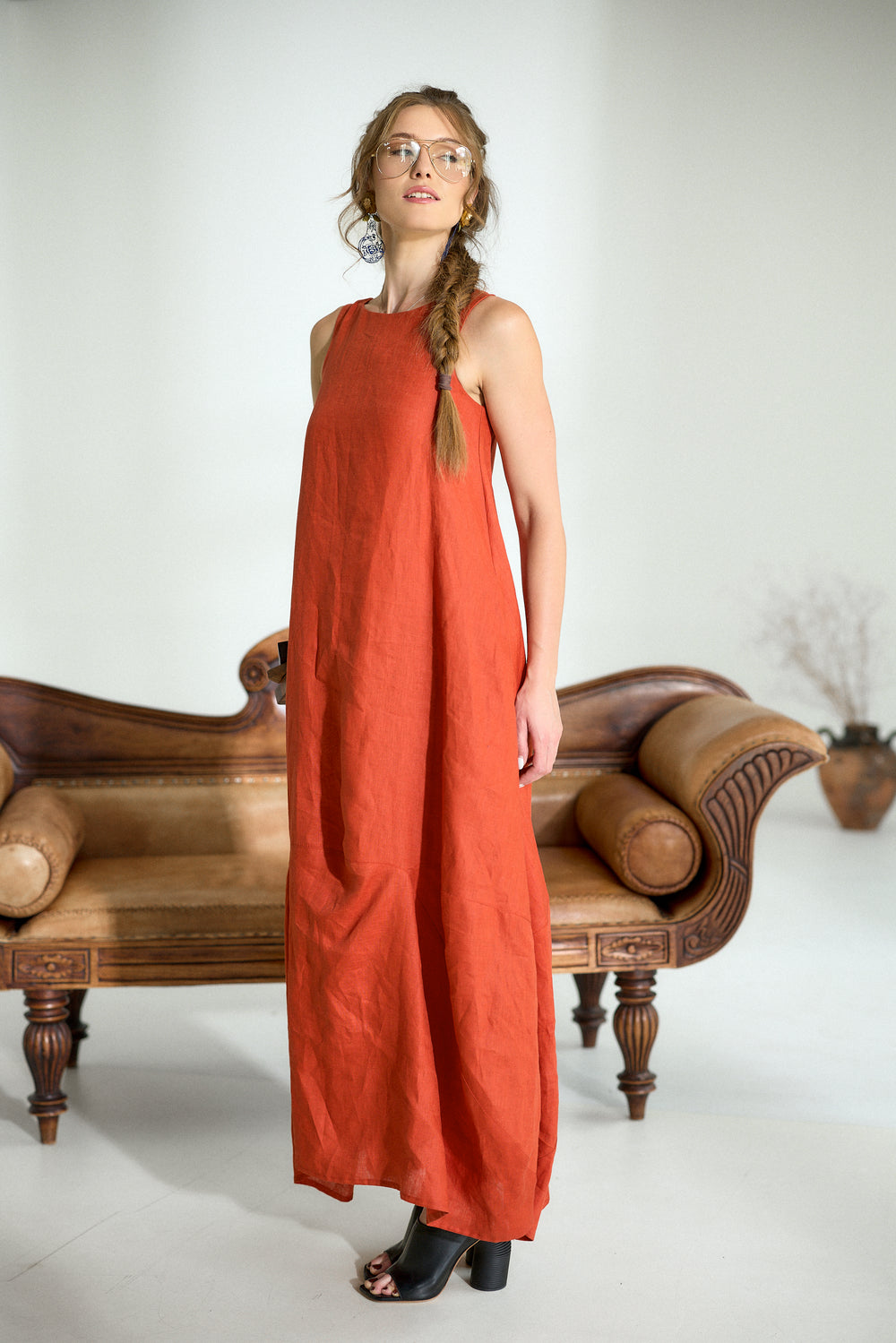 Maxi Linen Cocoon Dress in Brick Red