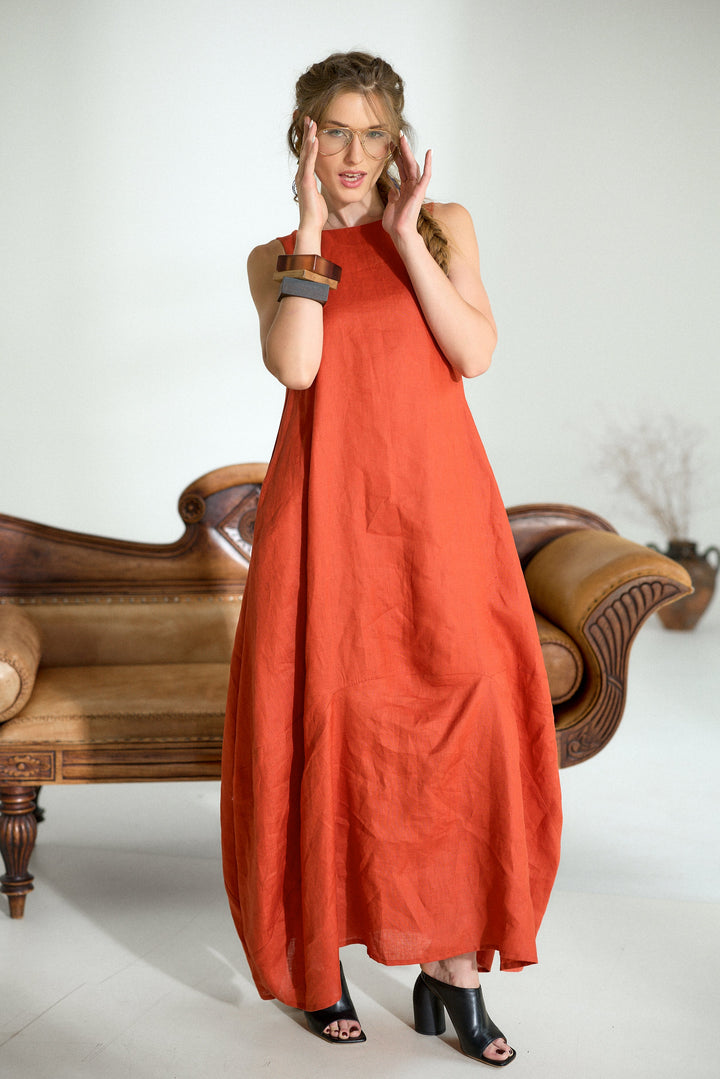 Maxi Linen Cocoon Dress in Brick Red