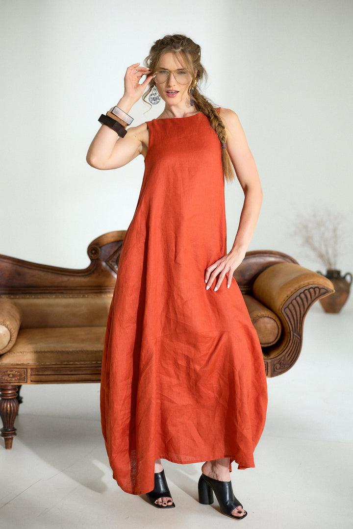 Maxi Linen Cocoon Dress in Brick Red