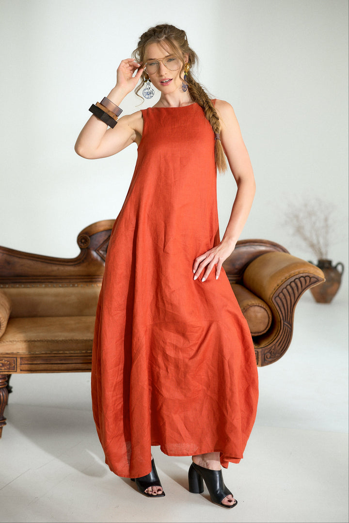 Maxi Linen Cocoon Dress in Brick Red