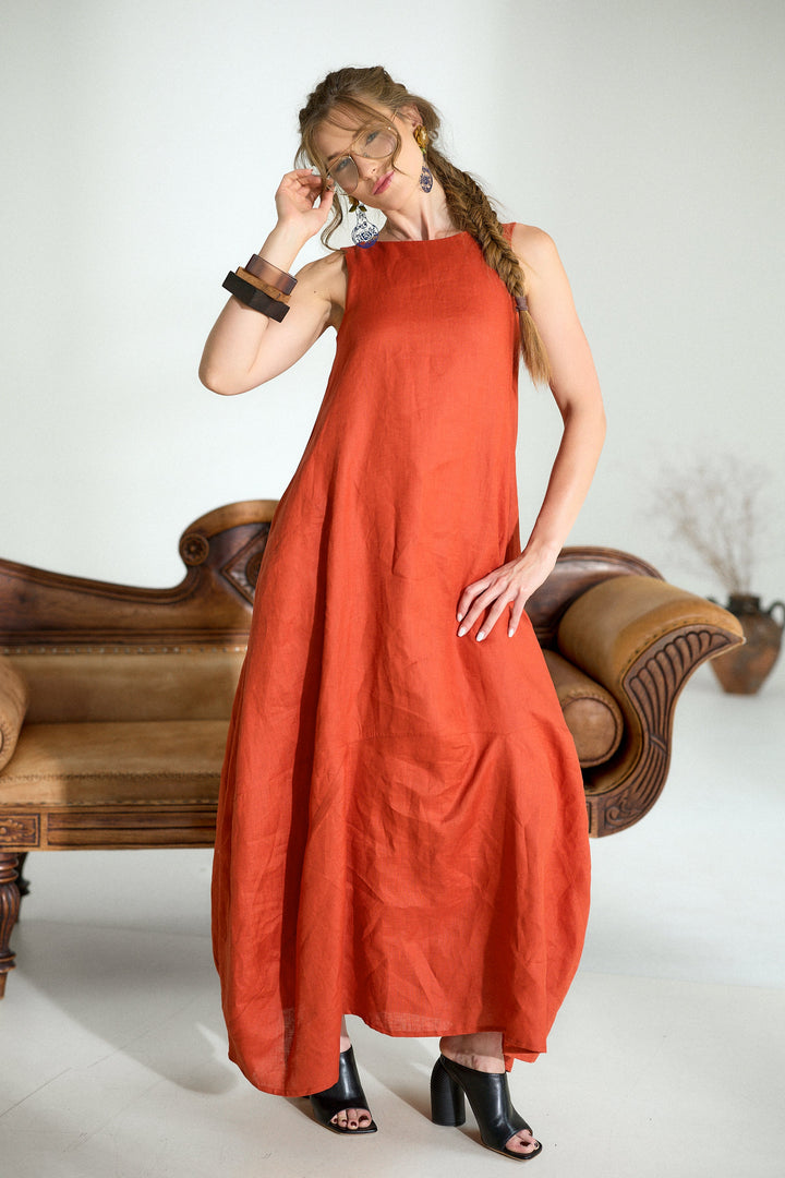 Maxi Linen Cocoon Dress in Brick Red