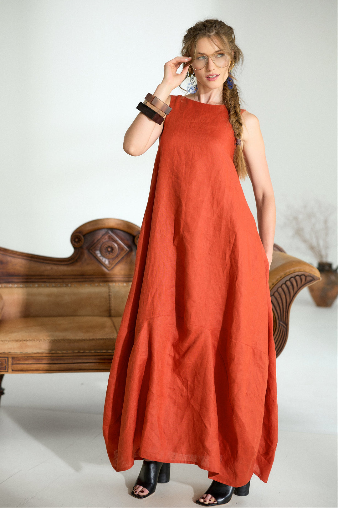 Maxi Linen Cocoon Dress in Brick Red