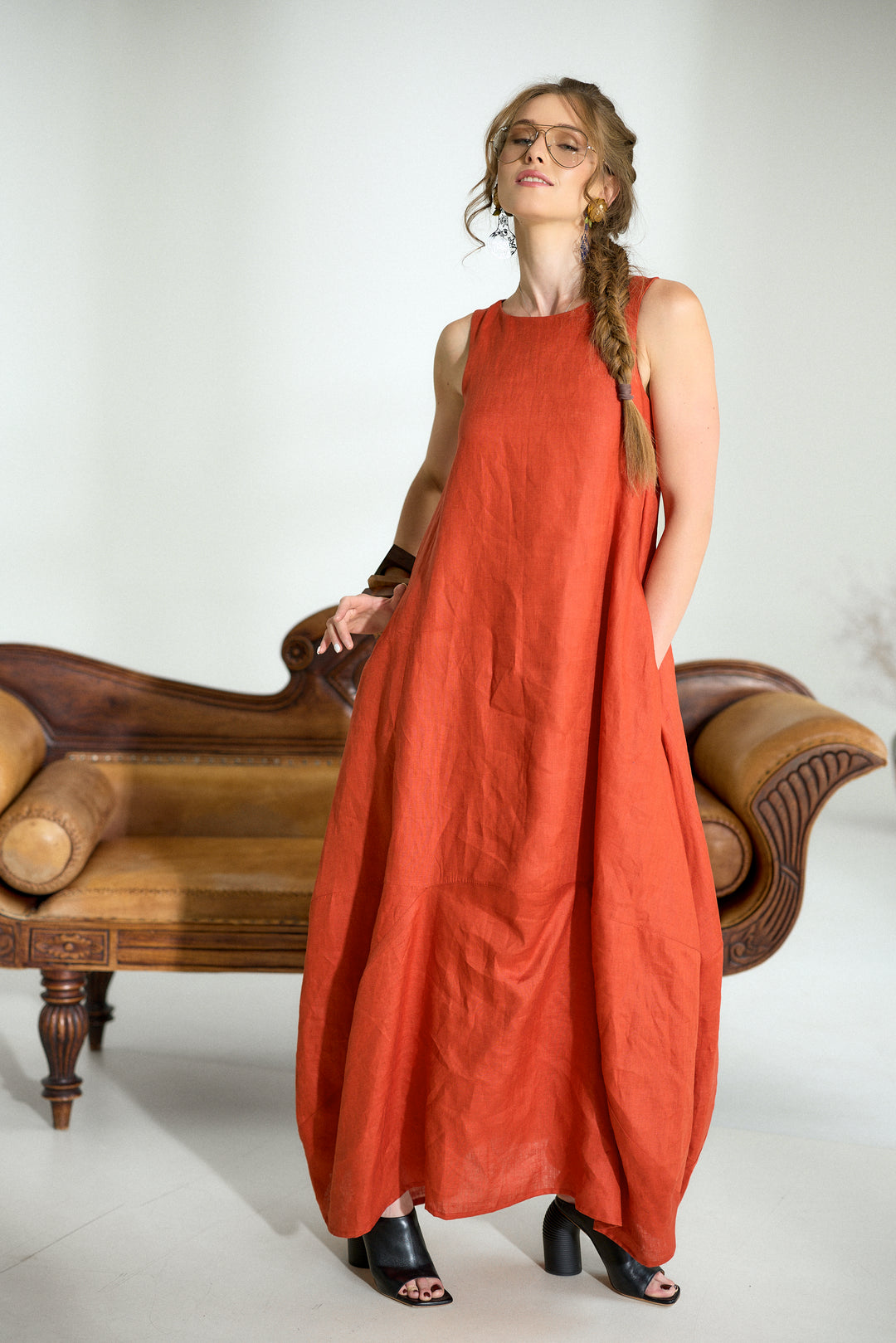 Maxi Linen Cocoon Dress in Brick Red