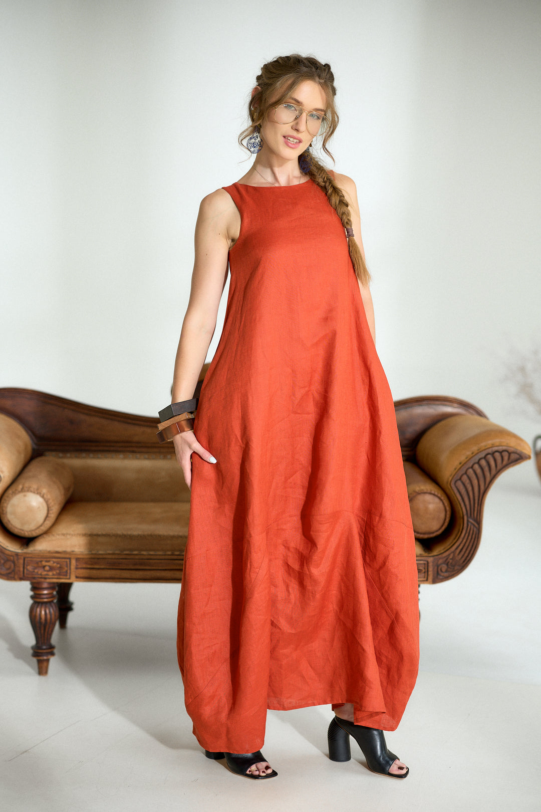 Maxi Linen Cocoon Dress in Brick Red