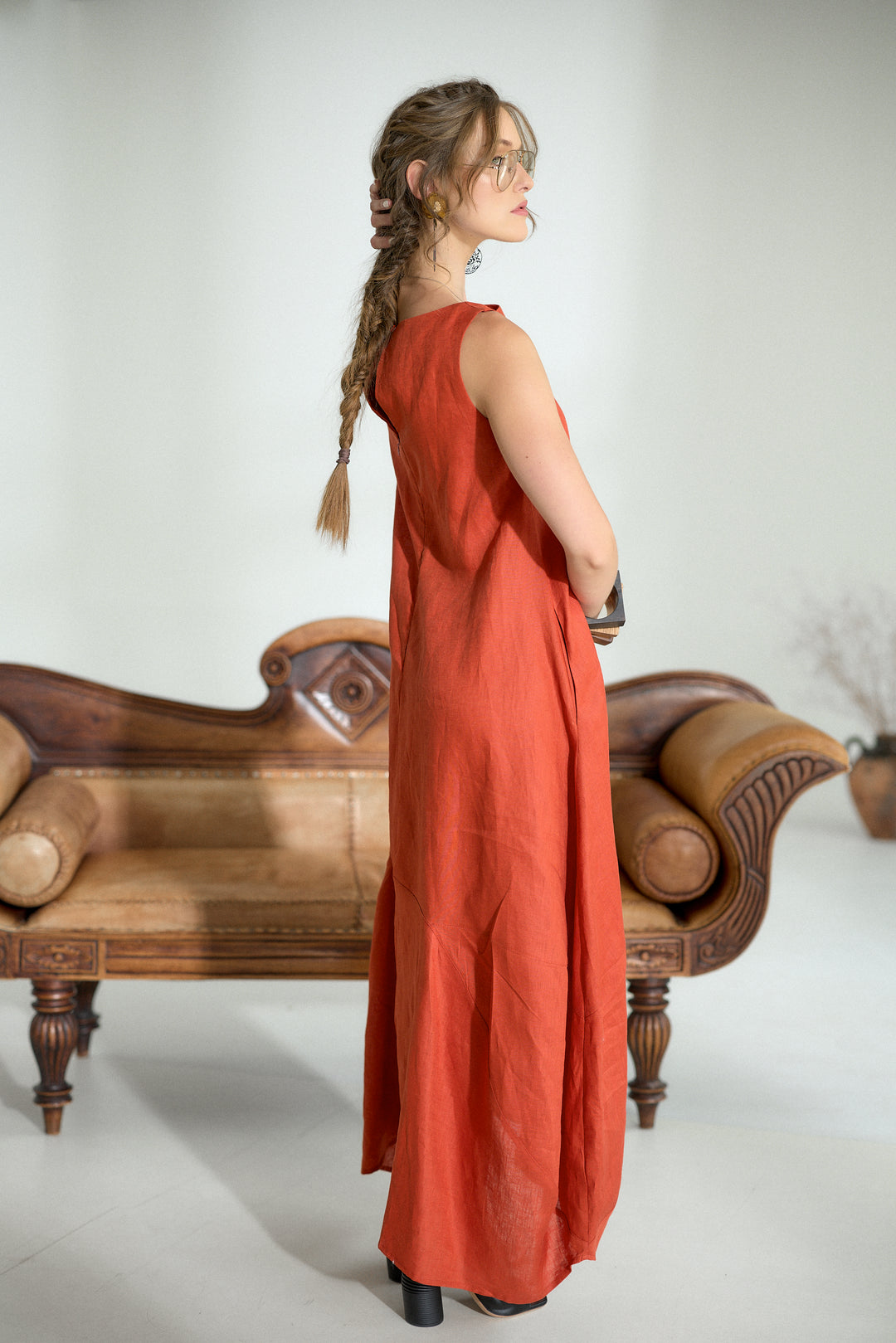 Maxi Linen Cocoon Dress in Brick Red