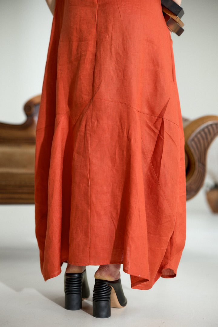 Maxi Linen Cocoon Dress in Brick Red
