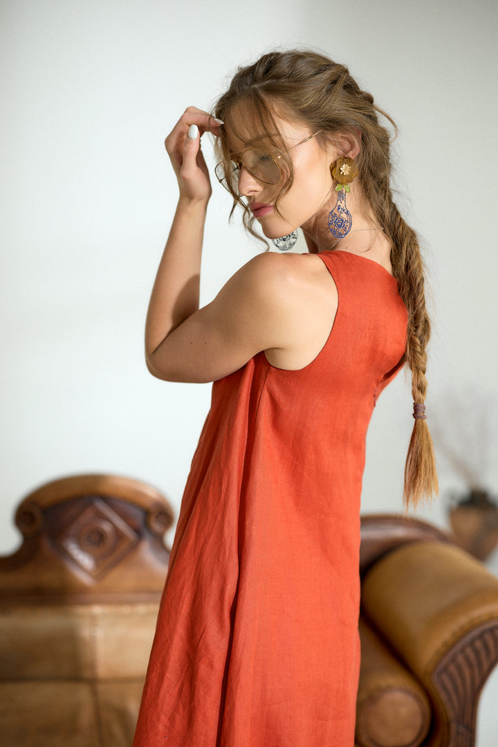 Maxi Linen Cocoon Dress in Brick Red