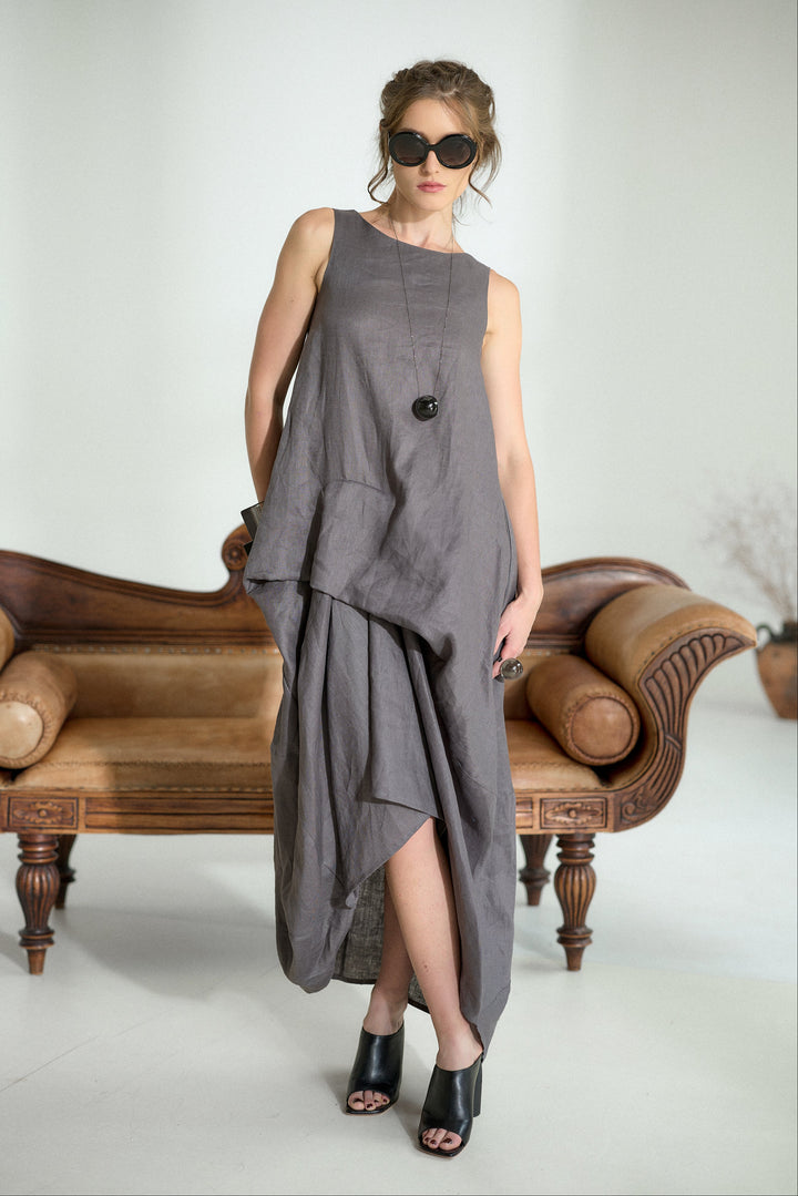 Asymmetrical Summer Linen Dress in Dark Grey