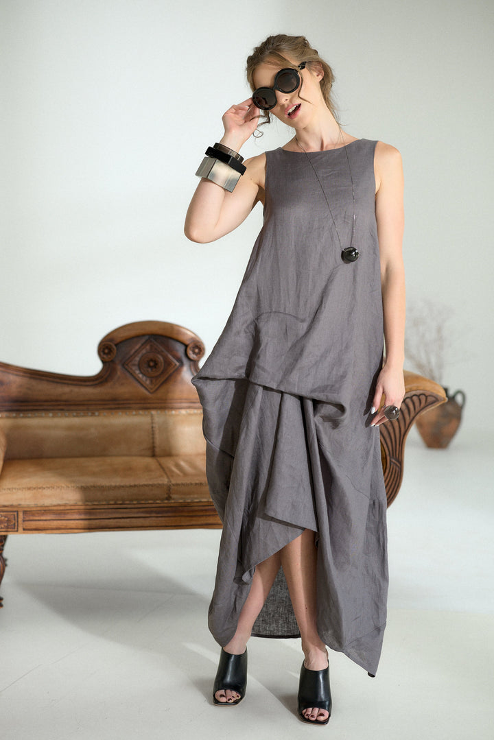 Asymmetrical Summer Linen Dress in Dark Grey