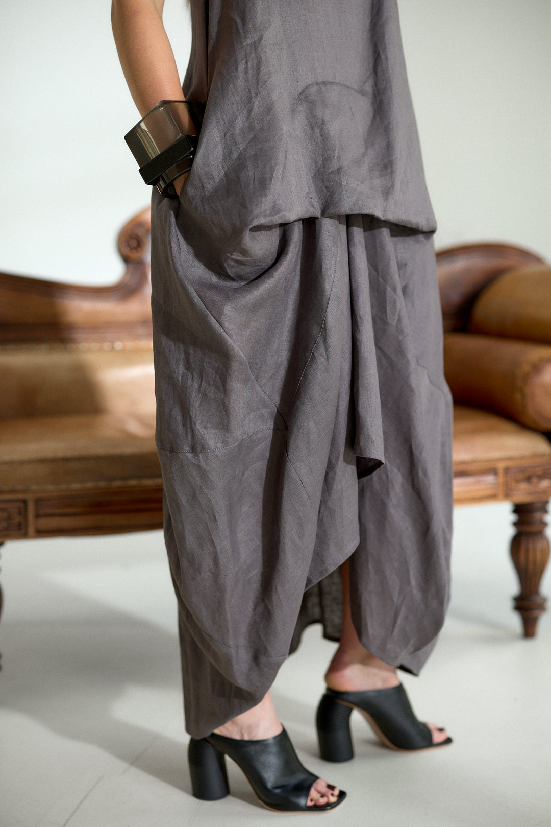 Asymmetrical Summer Linen Dress in Dark Grey