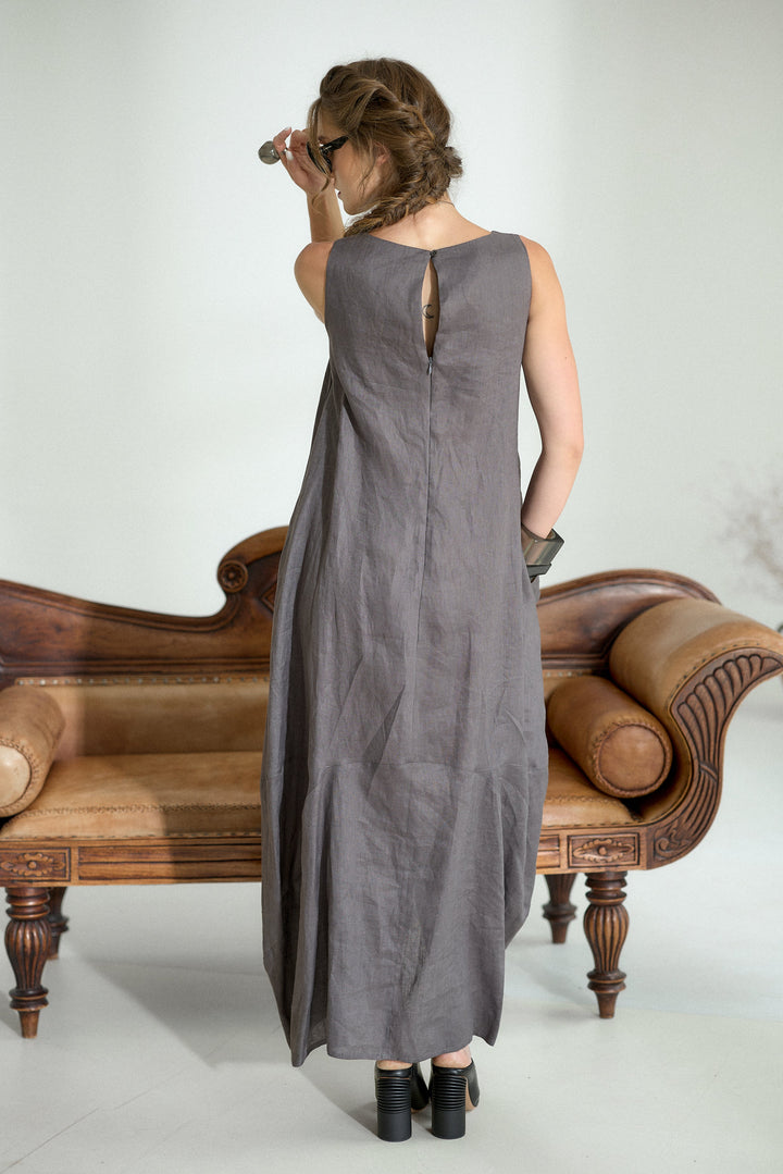 Asymmetrical Summer Linen Dress in Dark Grey