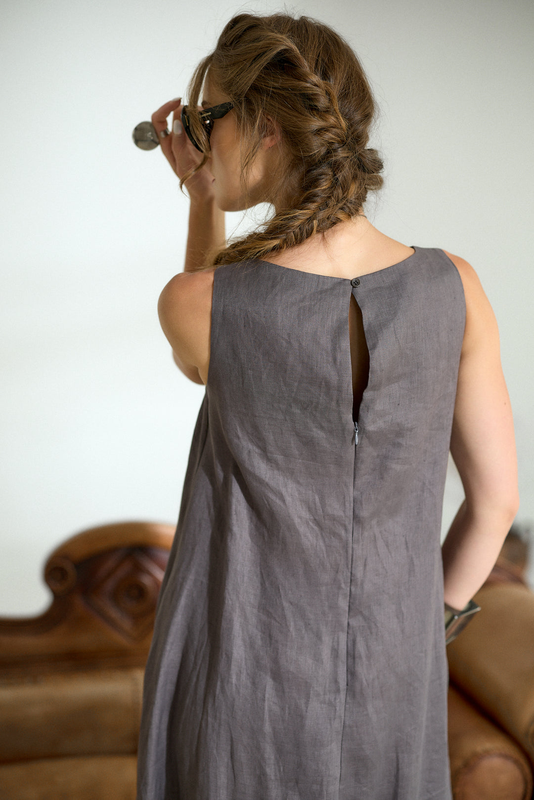 Asymmetrical Summer Linen Dress in Dark Grey