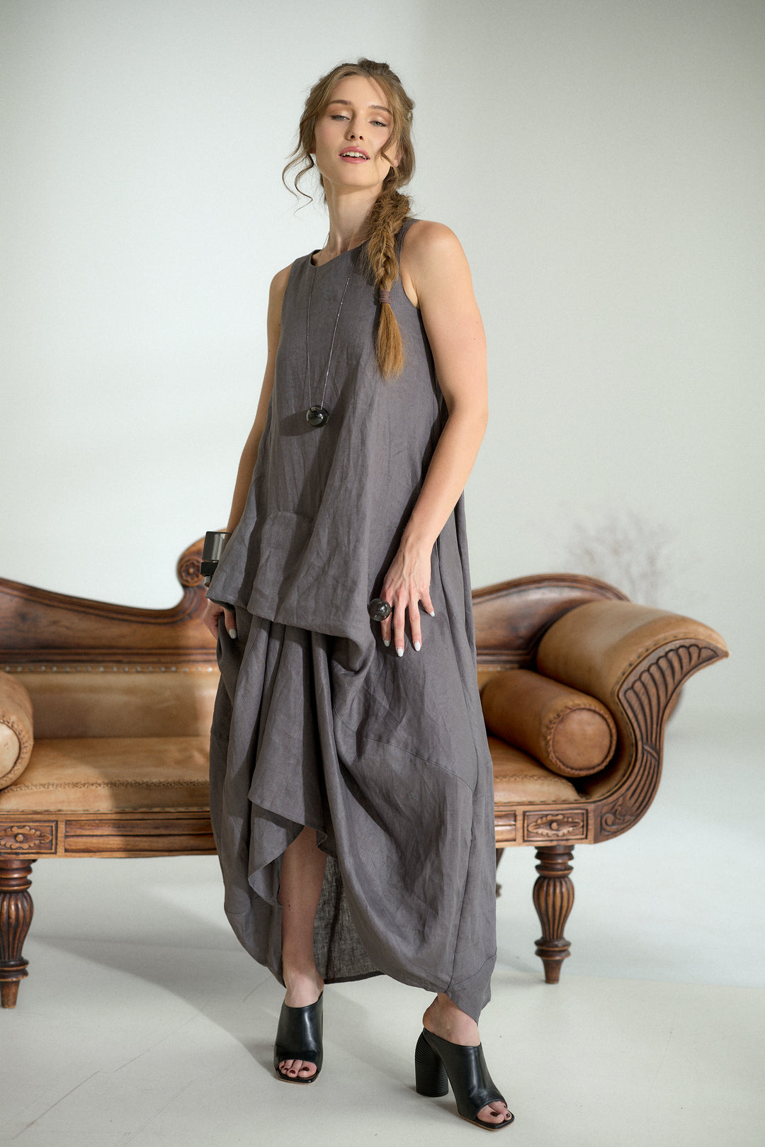 Asymmetrical Summer Linen Dress in Dark Grey