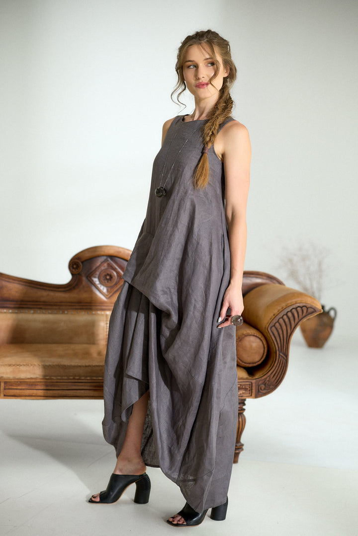 Asymmetrical Summer Linen Dress in Dark Grey