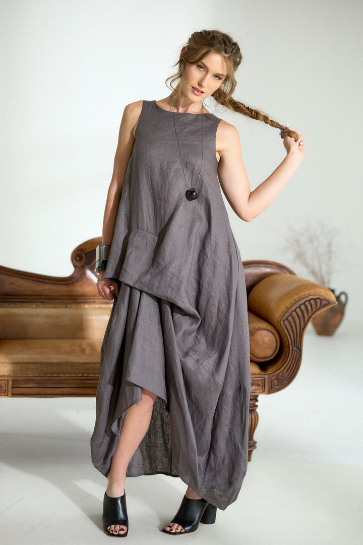 Asymmetrical Summer Linen Dress in Dark Grey