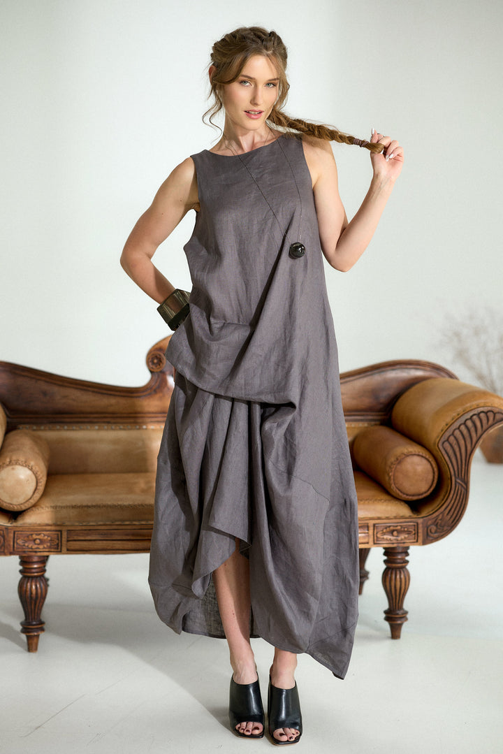 Asymmetrical Summer Linen Dress in Dark Grey