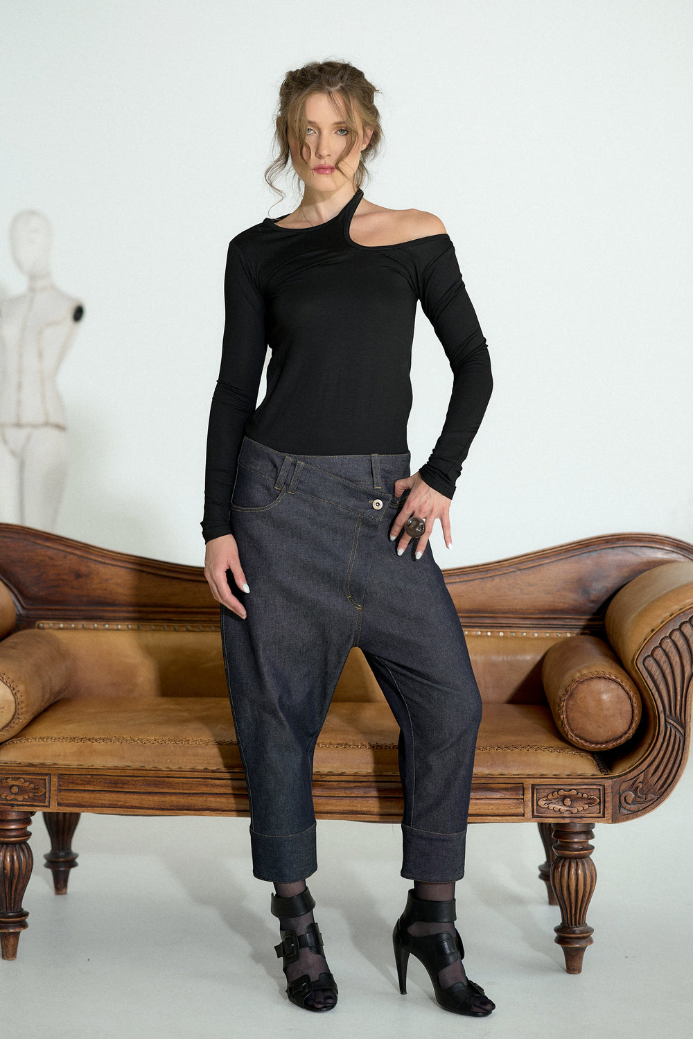 Asymmetrical Drop Crotch Denim Pants