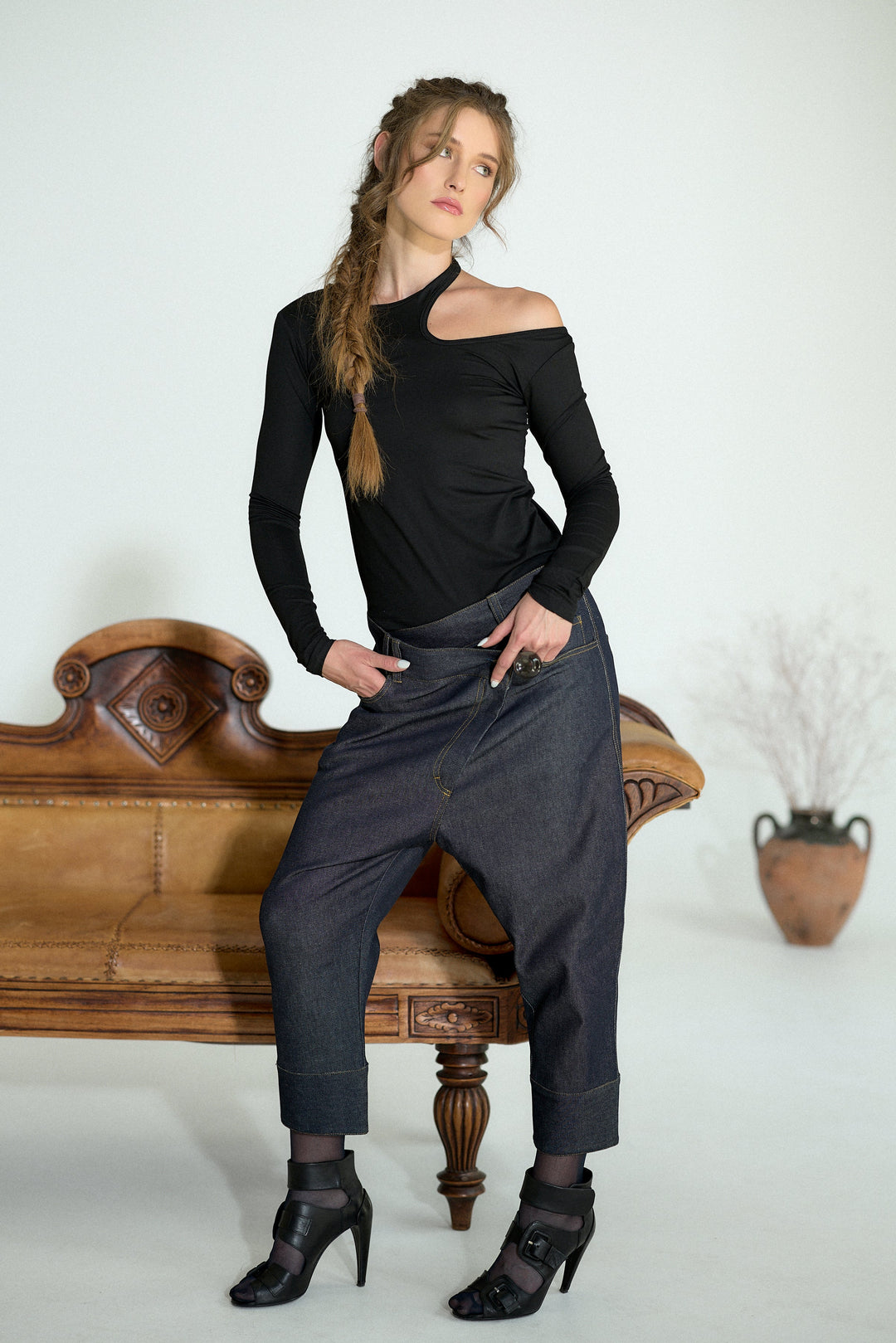 Asymmetrical Drop Crotch Denim Pants