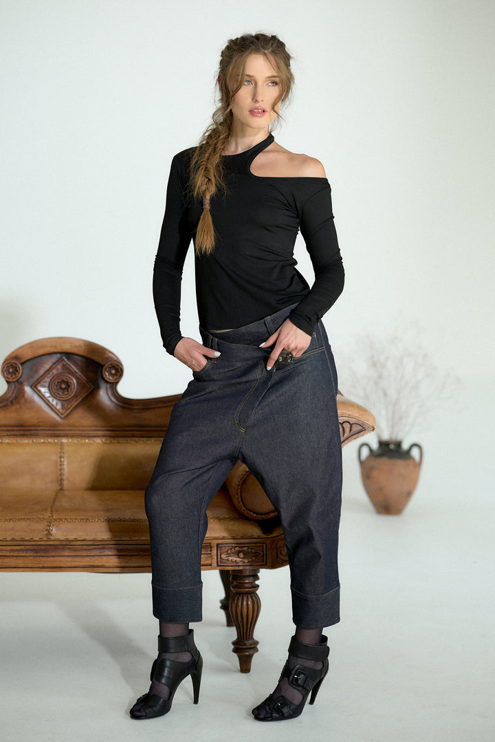 Asymmetrical Drop Crotch Denim Pants