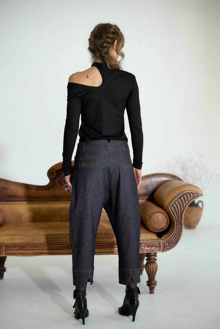 Asymmetrical Drop Crotch Denim Pants