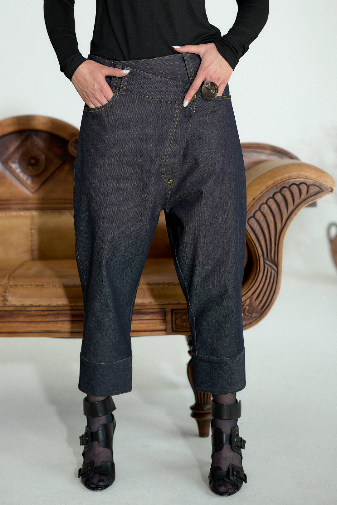 Asymmetrical Drop Crotch Denim Pants