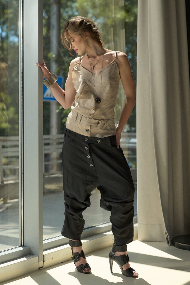 Black Linen Harem Pants – Double Belt Drop Crotch Trousers