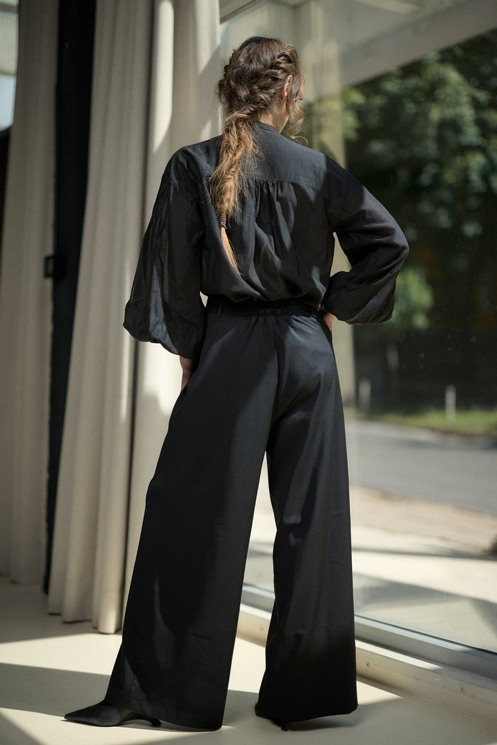 Cool Merino Wool Wide Leg Trousers with Architectural Pleats