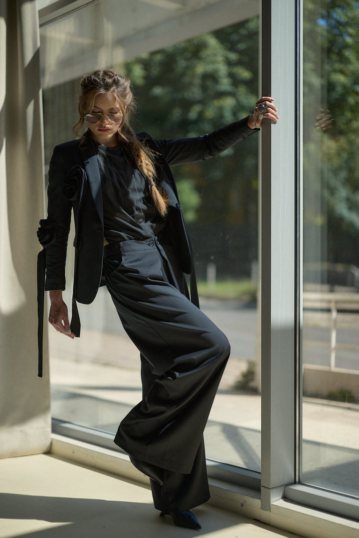 Cool Merino Wool Wide Leg Trousers with Architectural Pleats