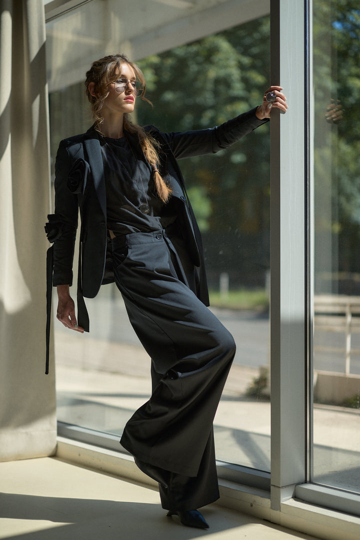 Cool Merino Wool Wide Leg Trousers with Architectural Pleats