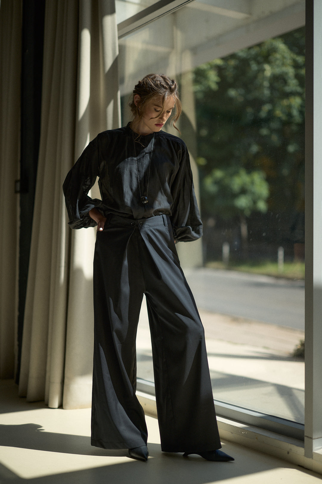 Cool Merino Wool Wide Leg Trousers with Architectural Pleats