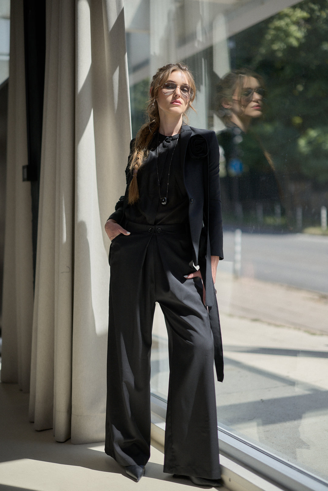 Cool Merino Wool Wide Leg Trousers with Architectural Pleats