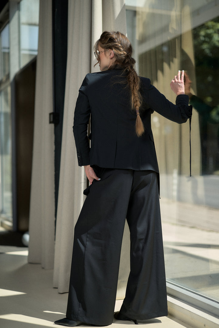 Cool Merino Wool Wide Leg Trousers with Architectural Pleats