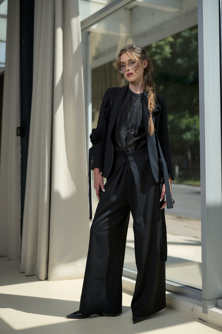Cool Merino Wool Wide Leg Trousers with Architectural Pleats