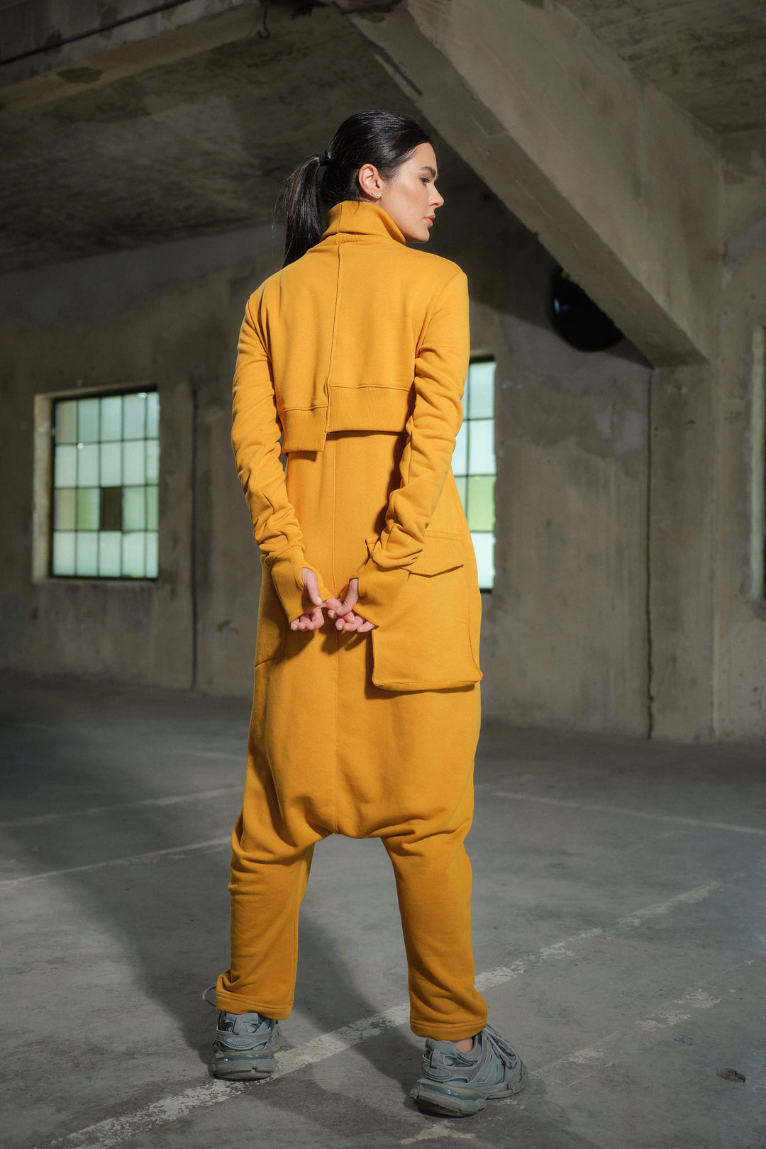 Asymmetrical set of two - cotton turtleneck top and drop crotch jumpsuit