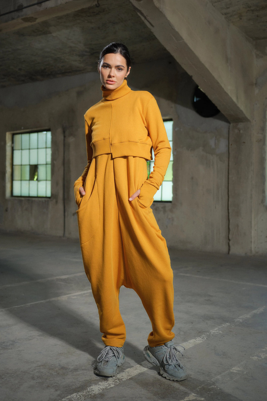 Asymmetrical set of two - cotton turtleneck top and drop crotch jumpsuit