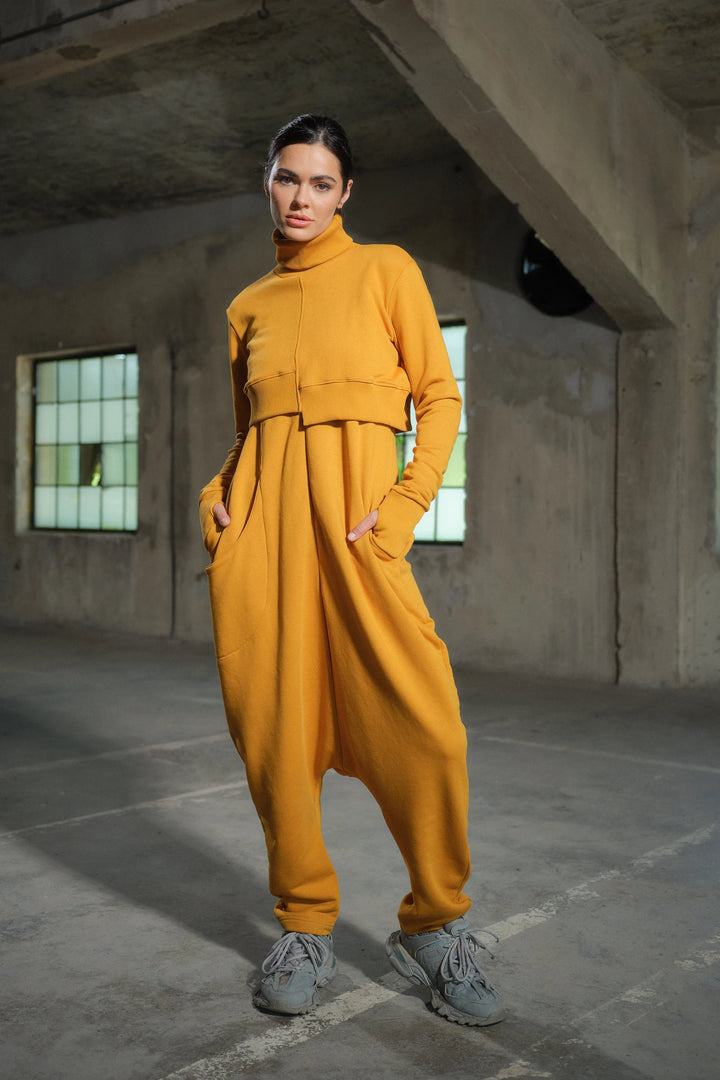 Asymmetrical set of two - cotton turtleneck top and drop crotch jumpsuit