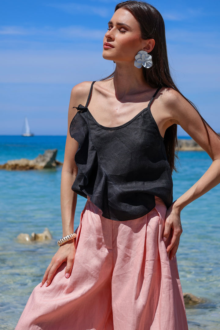 Black Linen Camisole Top with Ruffle
