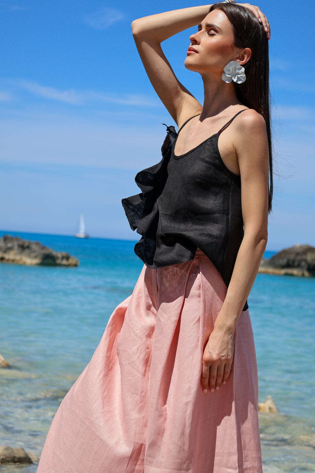 Black Linen Camisole Top with Ruffle