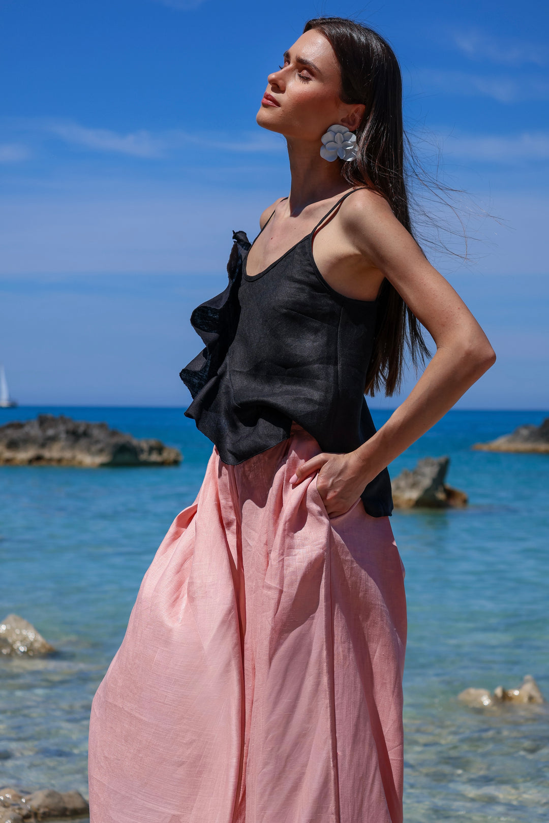 Black Linen Camisole Top with Ruffle