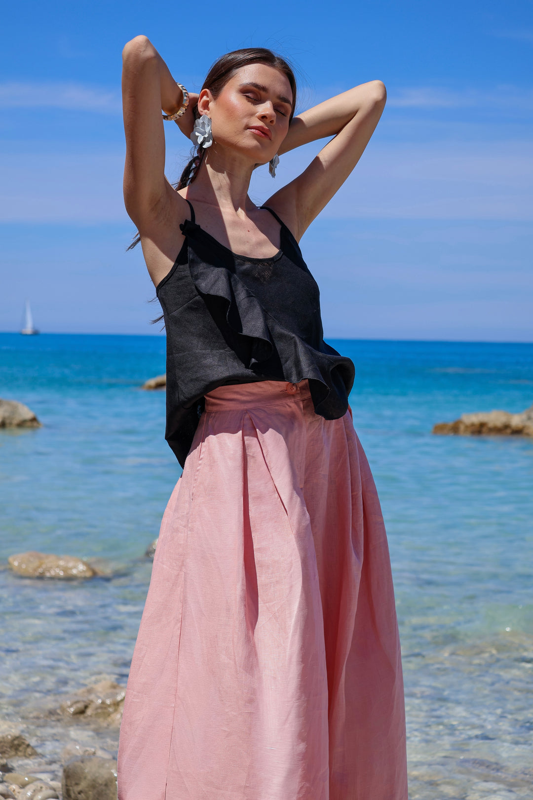 Wide leg linen skirt pants in Ash rose