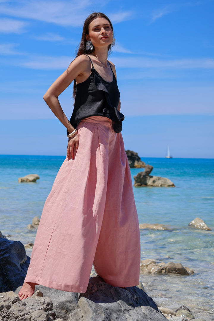 Wide leg linen skirt pants in Ash rose