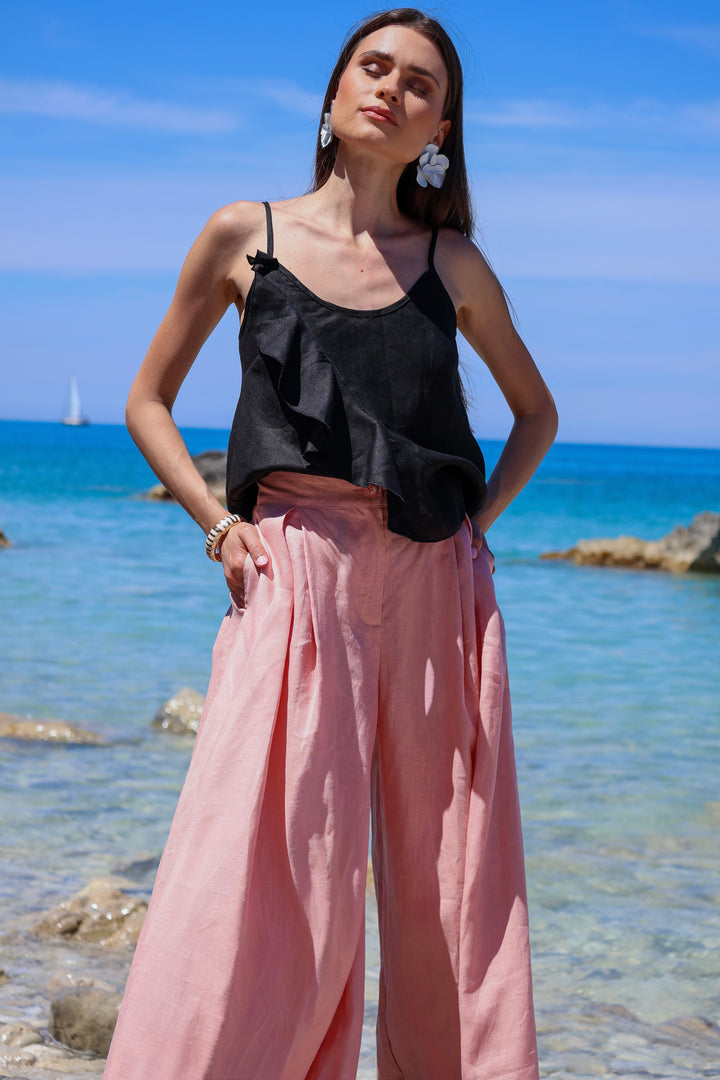 Black Linen Camisole Top with Ruffle