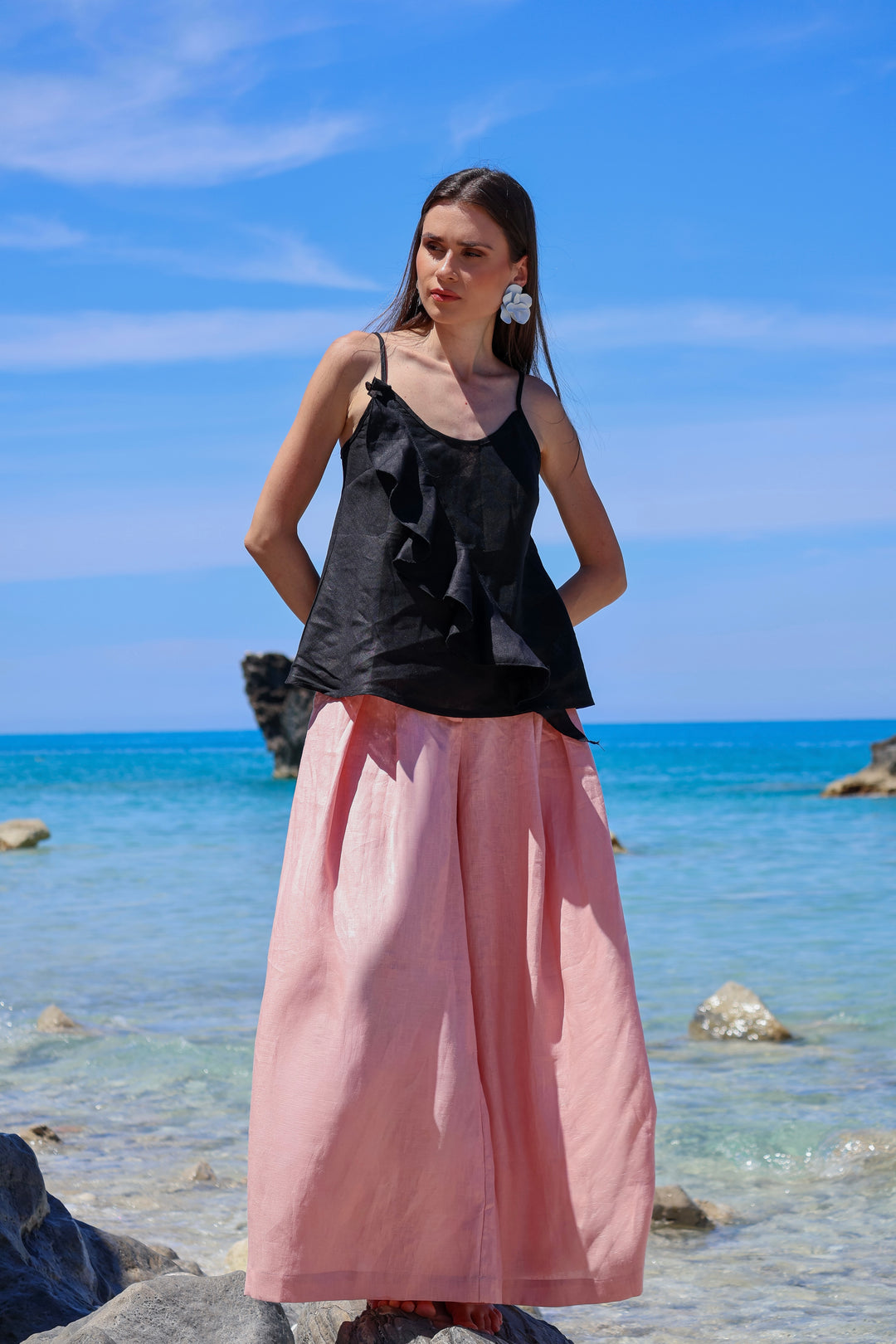 Black Linen Camisole Top with Ruffle