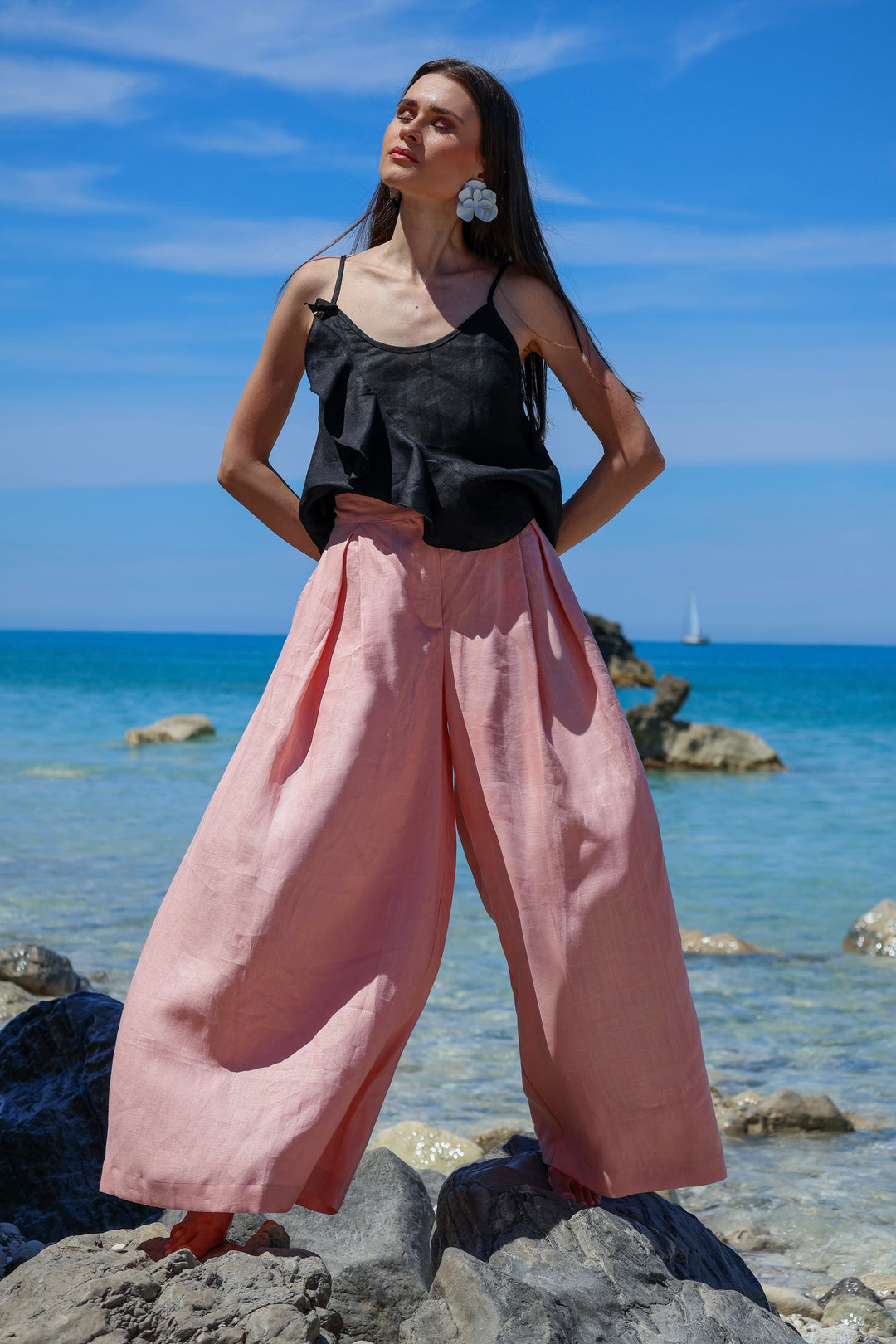 Black Linen Camisole Top with Ruffle