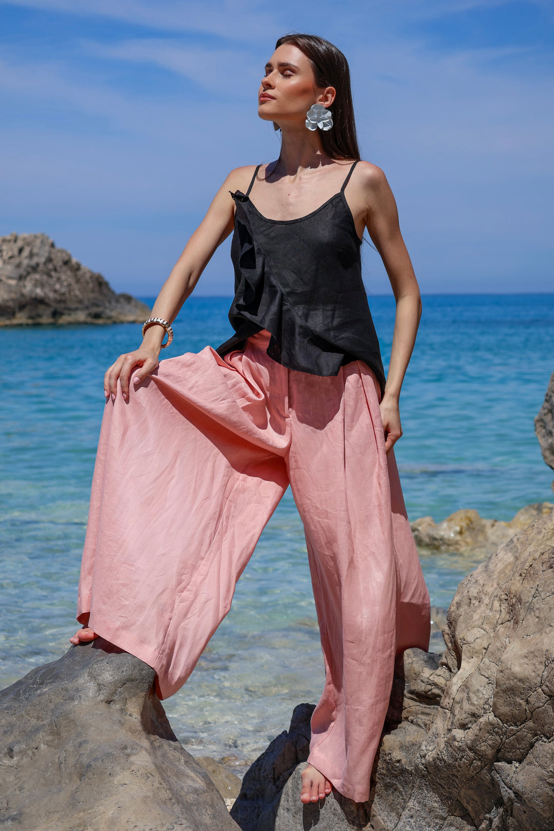 Wide leg linen skirt pants in Ash rose